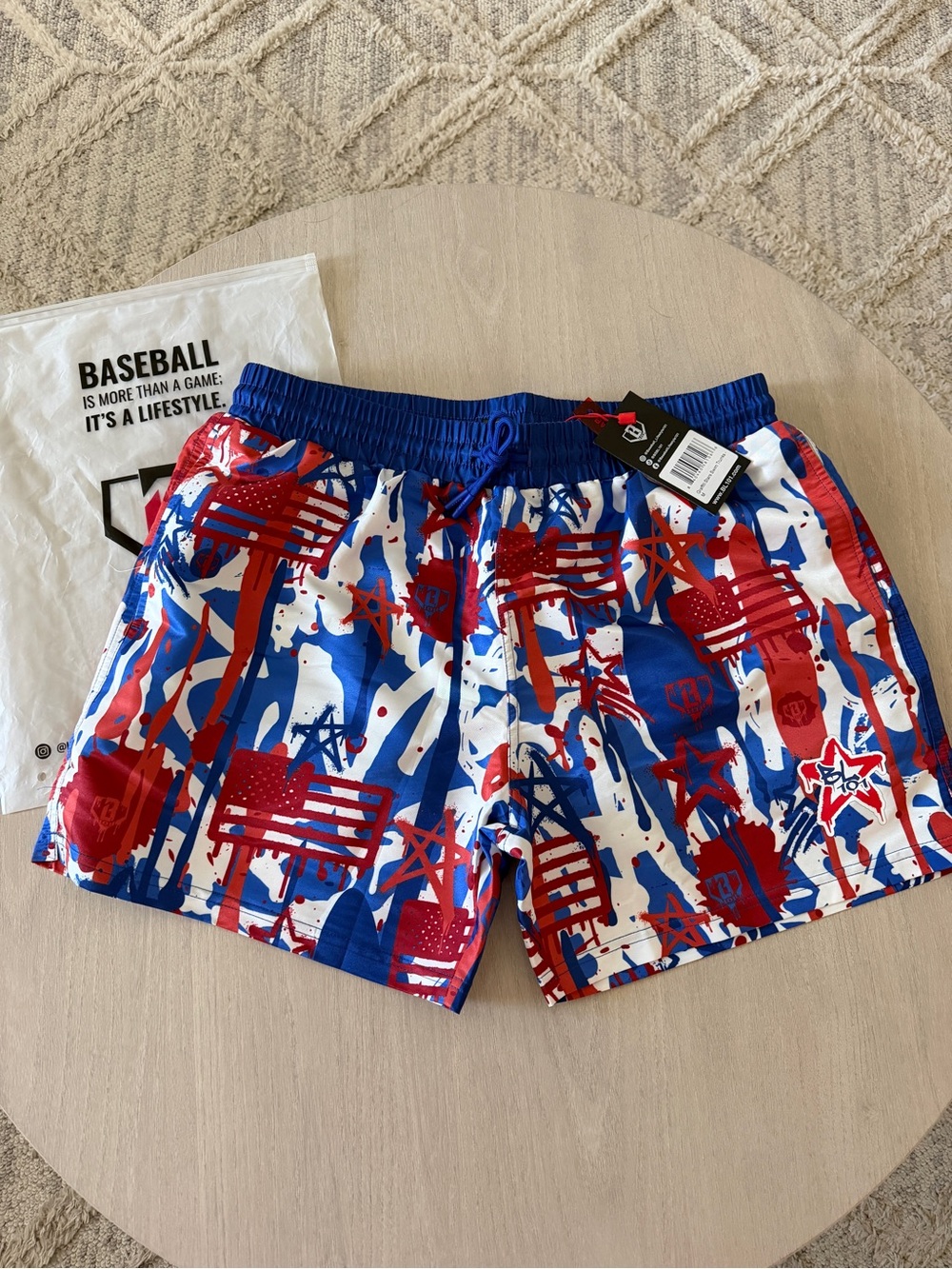 Baseball Lifestyle 101 BL101 men’s graffiti red white blue swim trunks